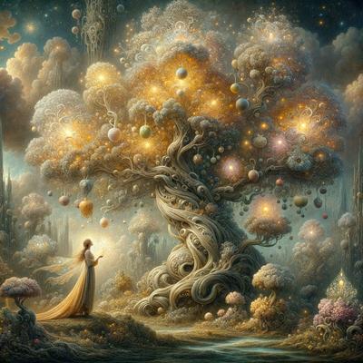 The primary subject of the image is a woman standing next to a large, intricately designed tree. The tree is adorned with various fruits, such as apples and oranges, and is surrounded by a lush forest. The setting appears to be a magical, fairy tale-like environment. The visual style of the image is a combination of digital art and illustration, creating a vibrant and captivating scene. The colors and mood of the image are predominantly warm and inviting, with